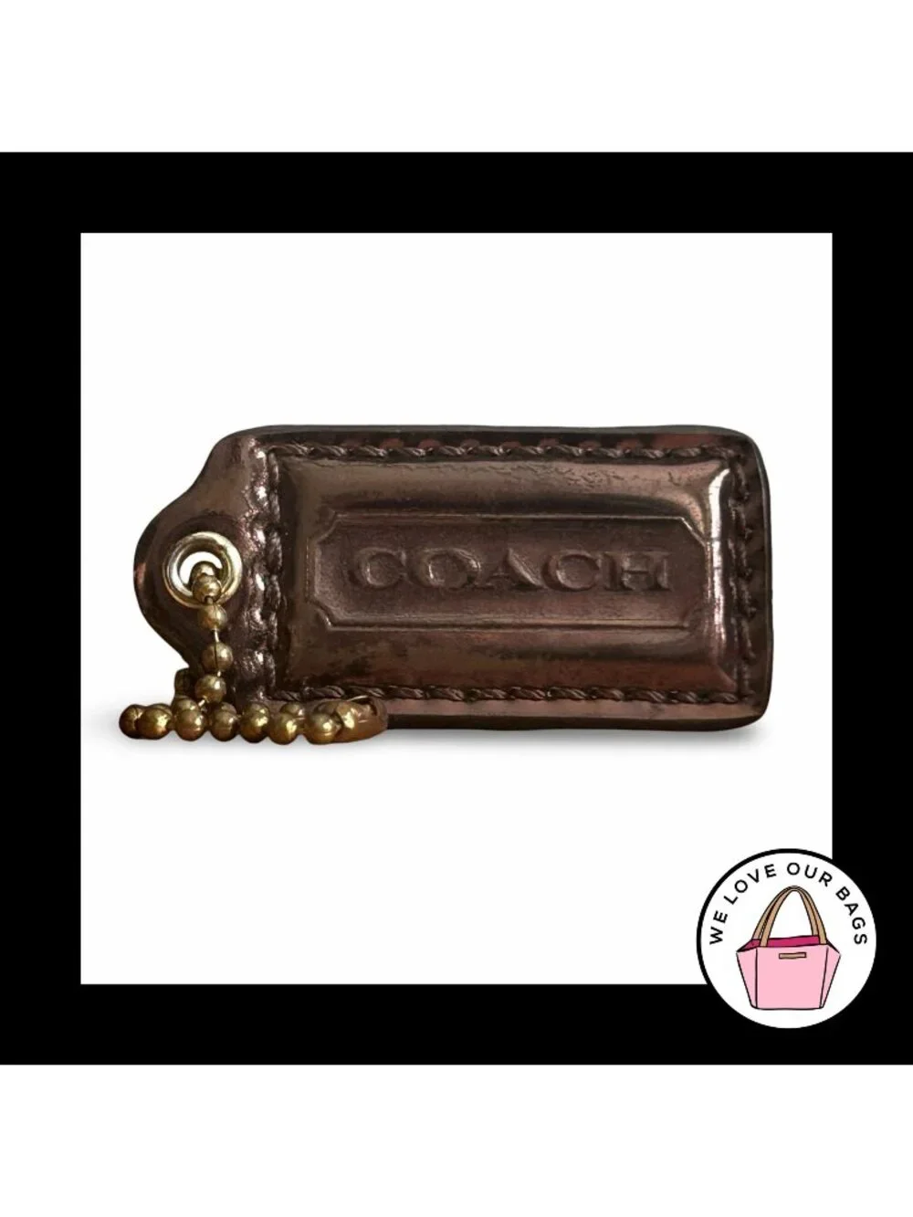 COACH POPPY HANGTAG Bronze Brown Mirrored Leather Bag Charm Keychain Fob Brass